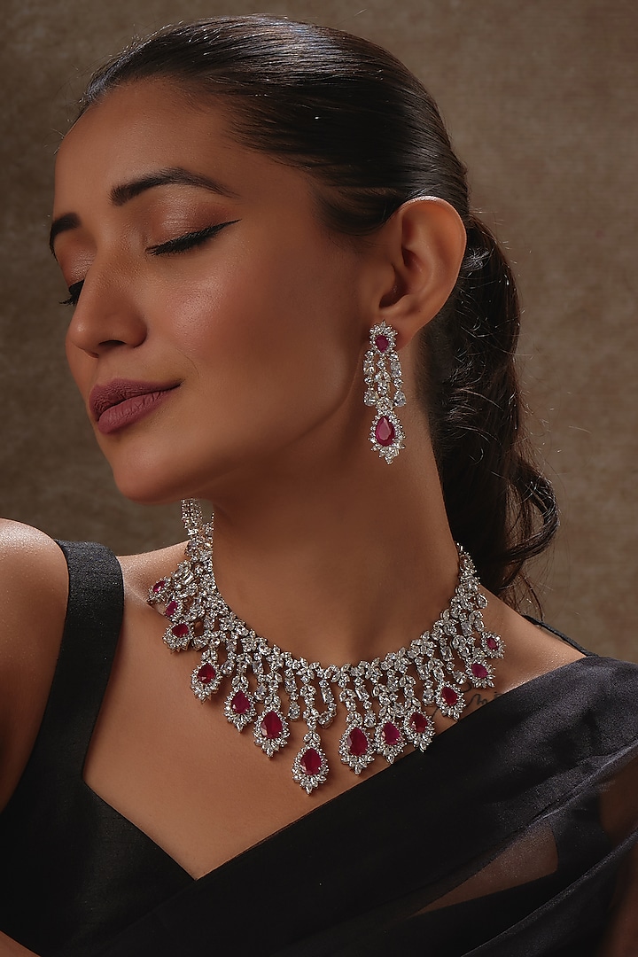White Rhodium Finish Sapphire & Ruby Long Necklace Set In Sterling Silver by Tanzila Rab