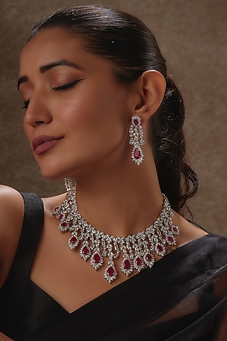 White Rhodium Finish Sapphire & Ruby Long Necklace Set In Sterling Silver by Tanzila Rab