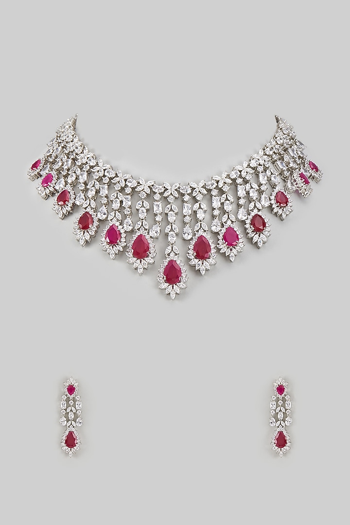White Rhodium Finish Sapphire & Ruby Long Necklace Set In Sterling Silver by Tanzila Rab at Pernia's Pop Up Shop