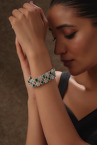 White Rhodium Finish Sapphire & Emerald Openable Cuff In Sterling Silver by Tanzila Rab