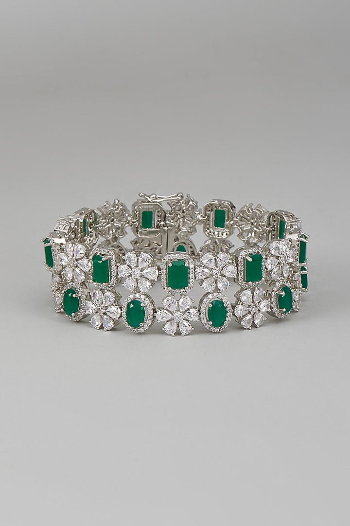 White Rhodium Finish Sapphire & Emerald Openable Cuff In Sterling Silver by Tanzila Rab at Pernia's Pop Up Shop
