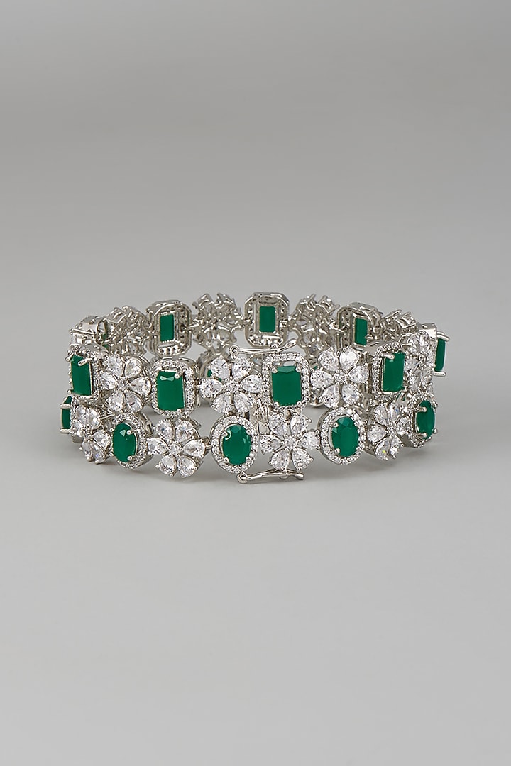 White Rhodium Finish Sapphire & Emerald Openable Cuff In Sterling Silver by Tanzila Rab at Pernia's Pop Up Shop