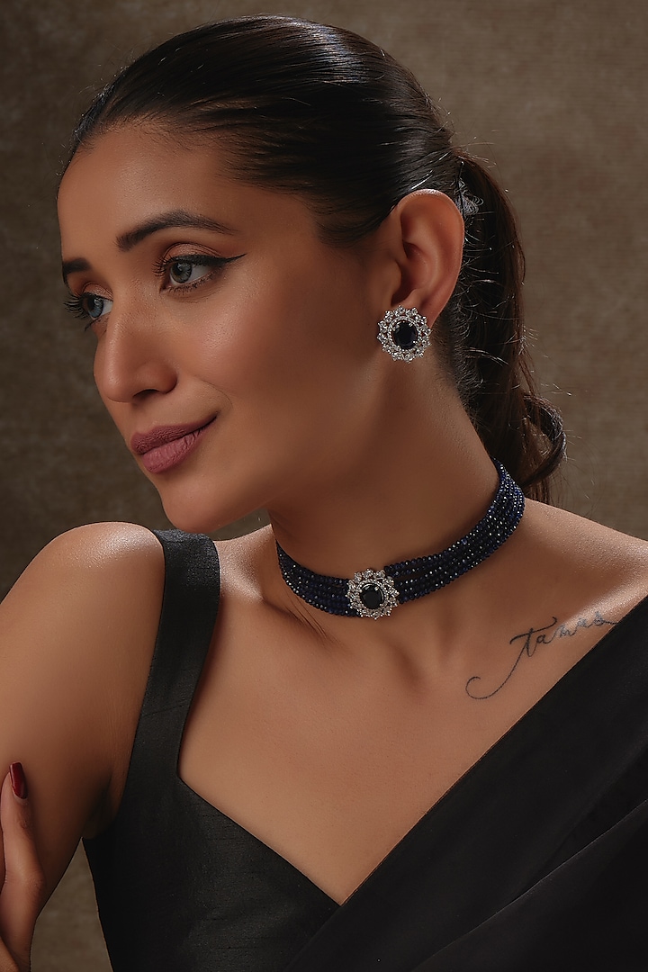 White Rhodium Finish Blue & White Sapphire Choker Necklace Set In Sterling Silver by Tanzila Rab