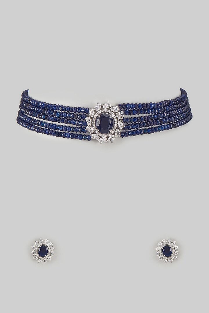 White Rhodium Finish Blue & White Sapphire Choker Necklace Set In Sterling Silver by Tanzila Rab at Pernia's Pop Up Shop
