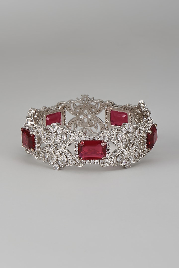 White Rhodium Finish Sapphire & Ruby Bracelet In Sterling Silver by Tanzila Rab at Pernia's Pop Up Shop