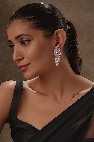White Rhodium Finish Pink Quartz & Sapphire Dangler Earrings In Sterling Silver by Tanzila Rab