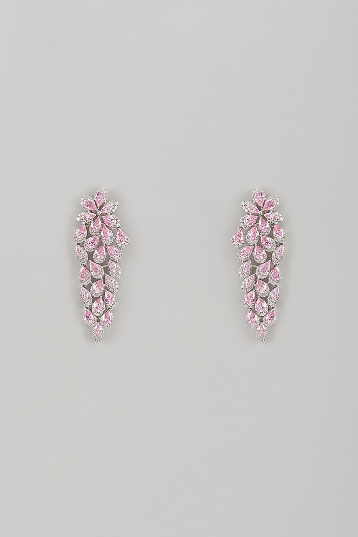 White Rhodium Finish Pink Quartz & Sapphire Dangler Earrings In Sterling Silver by Tanzila Rab at Pernia's Pop Up Shop
