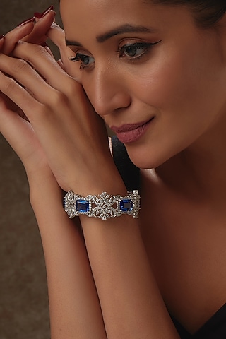 White Rhodium Finish Blue & White Sapphire Bracelet In Sterling Silver by Tanzila Rab
