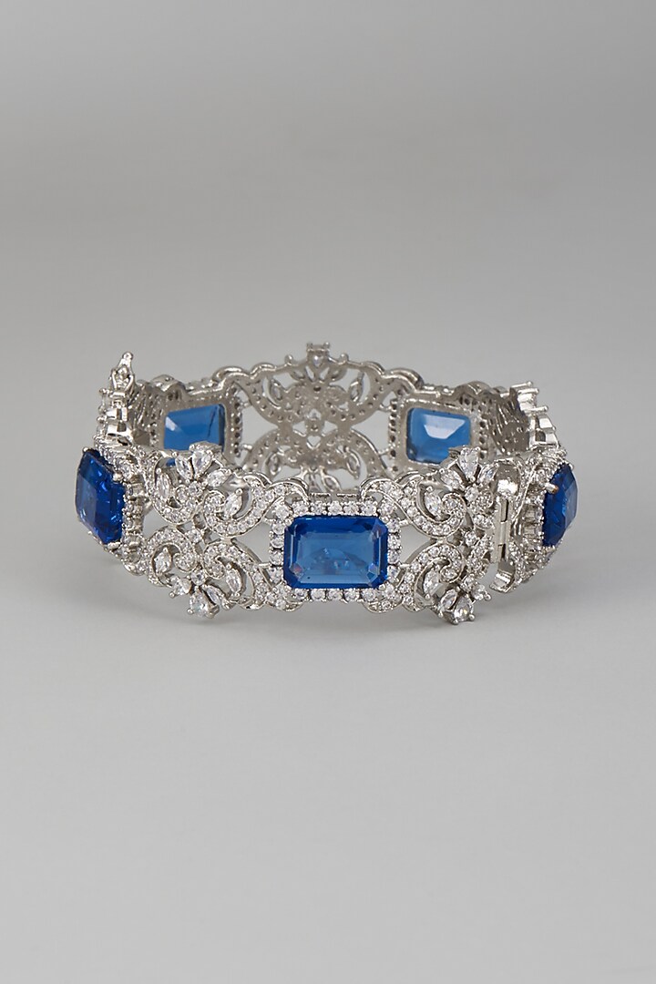 White Rhodium Finish Blue & White Sapphire Bracelet In Sterling Silver by Tanzila Rab at Pernia's Pop Up Shop