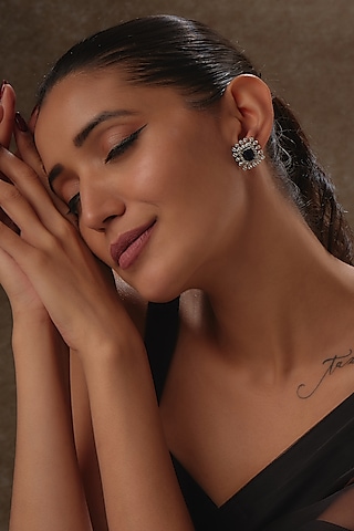 White Rhodium Finish Blue & White Sapphire Stud Earrings In Sterling Silver by Tanzila Rab
