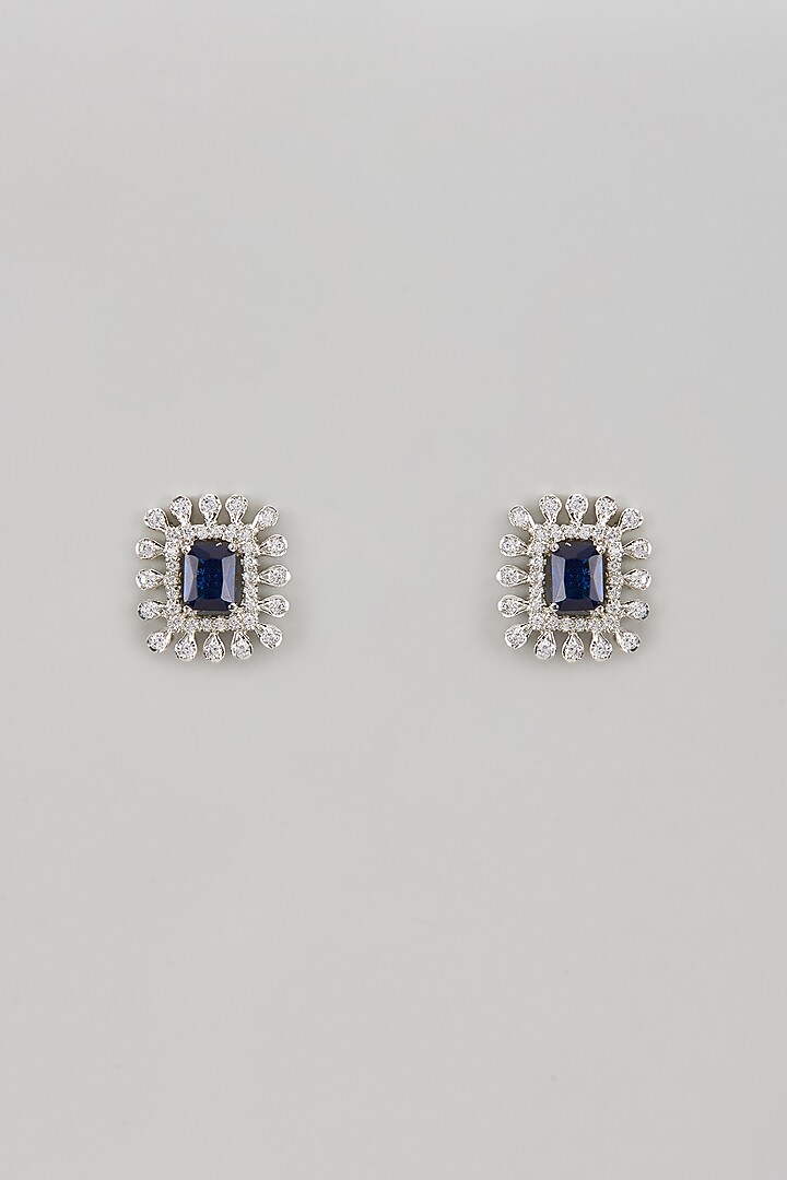 White Rhodium Finish Blue & White Sapphire Stud Earrings In Sterling Silver by Tanzila Rab at Pernia's Pop Up Shop