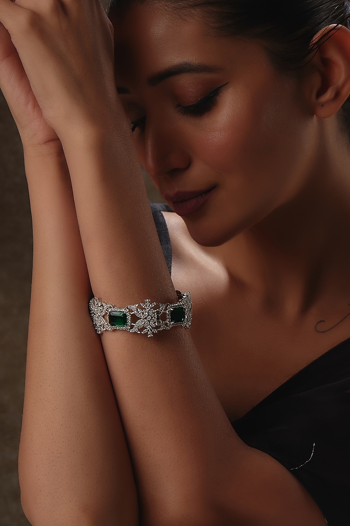 White Rhodium Finish Emerald & Sapphire Bracelet In Sterling Silver by Tanzila Rab