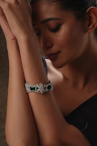 White Rhodium Finish Emerald & Sapphire Bracelet In Sterling Silver by Tanzila Rab