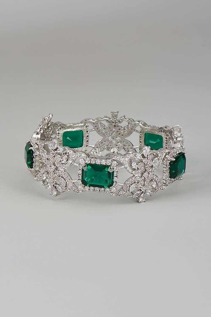 White Rhodium Finish Emerald & Sapphire Bracelet In Sterling Silver by Tanzila Rab at Pernia's Pop Up Shop