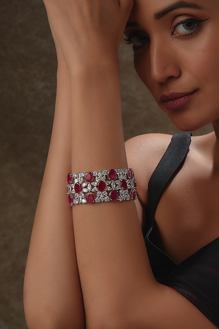 White Rhodium Finish Ruby & Sapphire Bracelet In Sterling Silver by Tanzila Rab