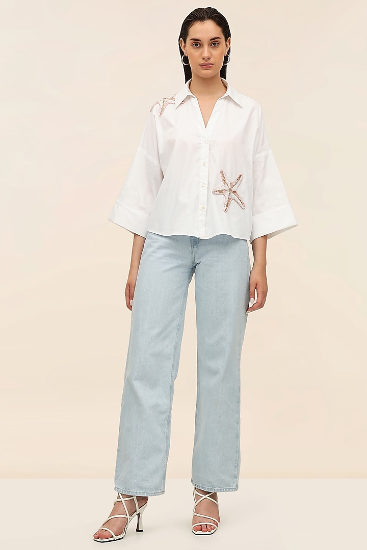 White Cotton Poplin Marine Patchwork Shirt by TANGERINE at Pernia's Pop Up Shop