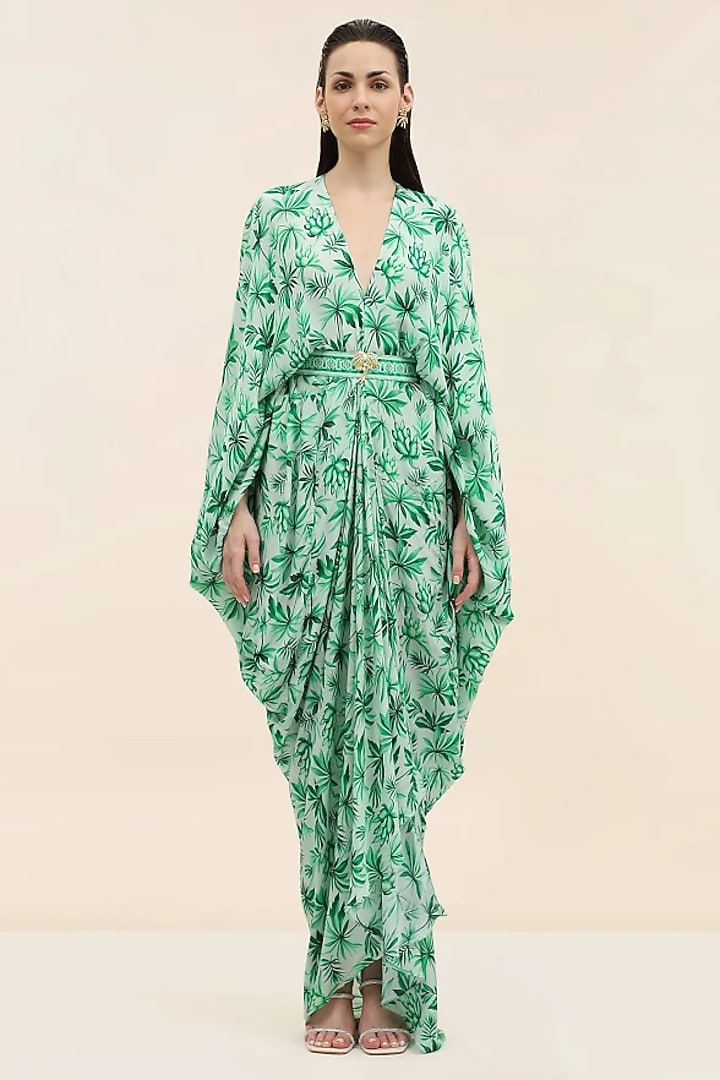 Sage Crepe Palm Printed Kaftan by Taangerine Tiger at Pernia's Pop Up Shop
