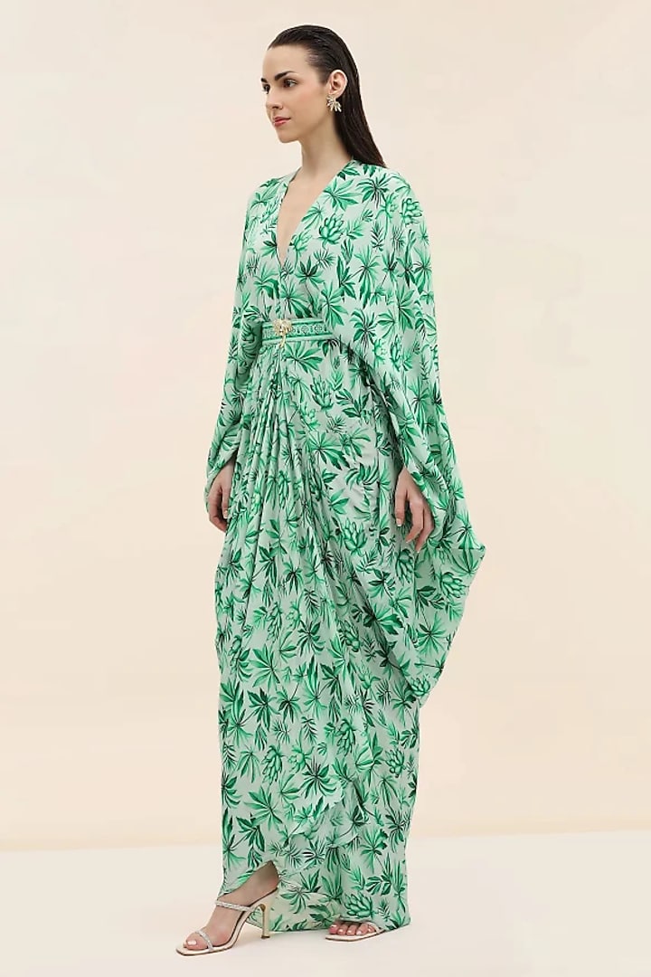 Sage Crepe Palm Printed Kaftan by Taangerine Tiger at Pernia's Pop Up Shop