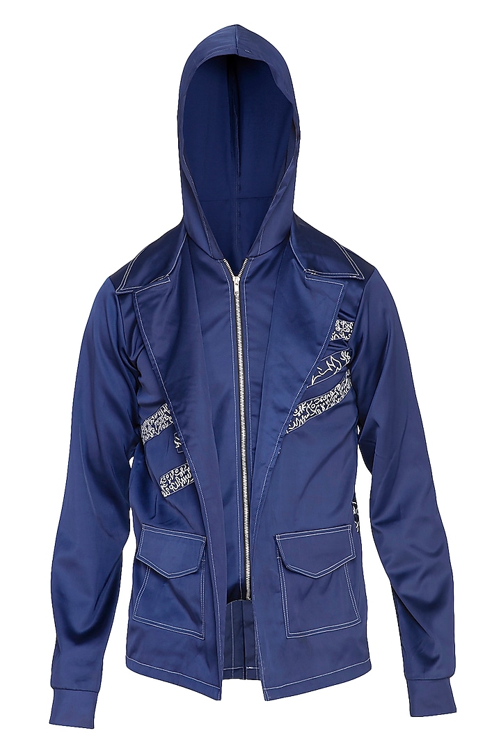 Blue Embroidered Double Collared Jacket by The Natty Garb