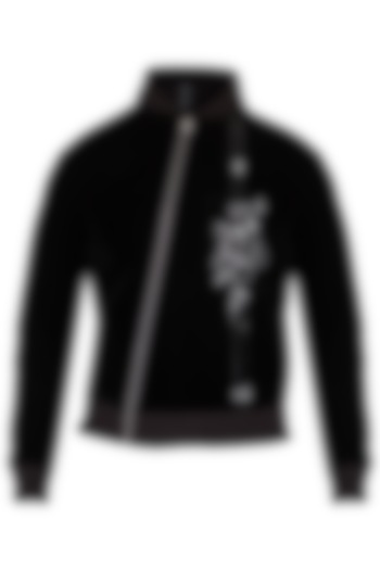 Black Embroidered Asymmetrical Bomber Jacket by The Natty Garb