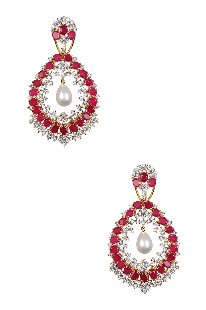 Gold Finish Sapphire with Burmese Ruby Round Earrings by Tanzila Rab