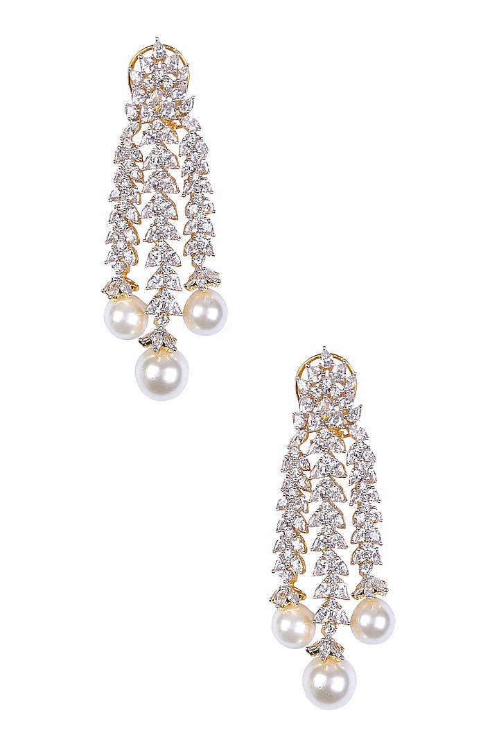 Rhodium and Gold Dual Finish Marquise Sapphire and Pearl Earrings by Tanzila Rab