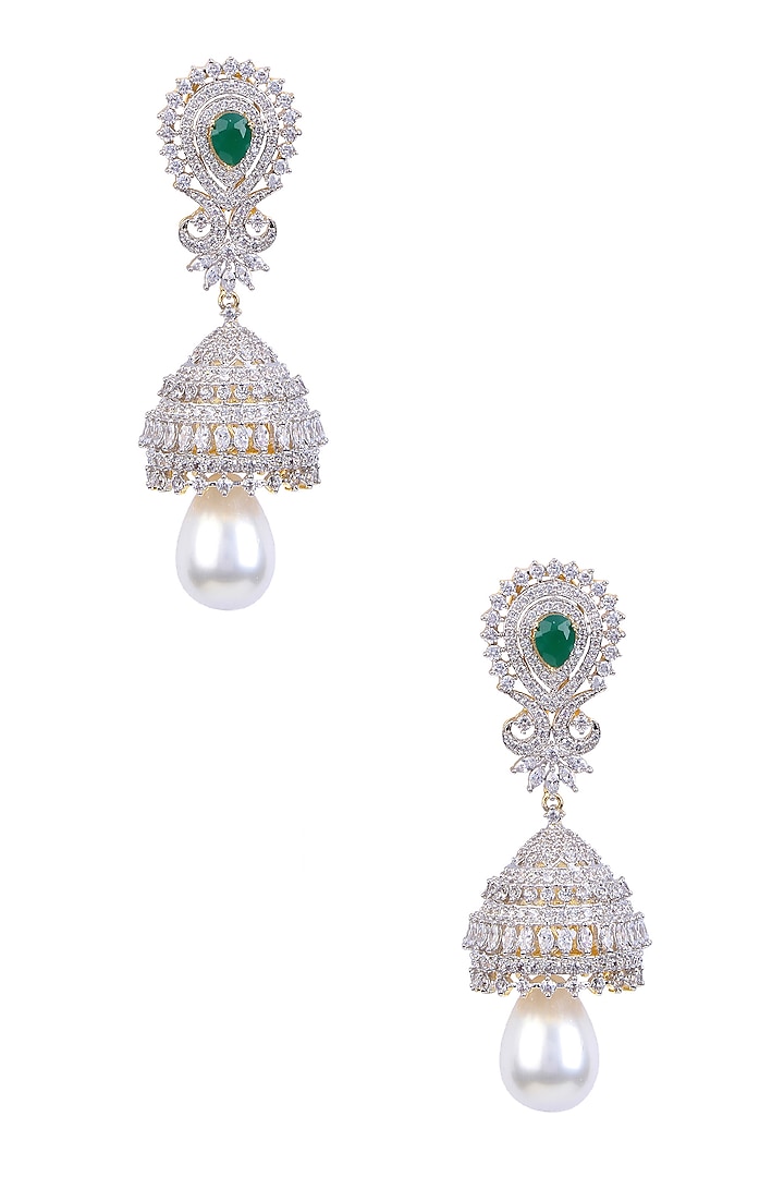 Rhodium and Gold Dual Finish Sapphire and Emerald Stone Earrings by Tanzila Rab