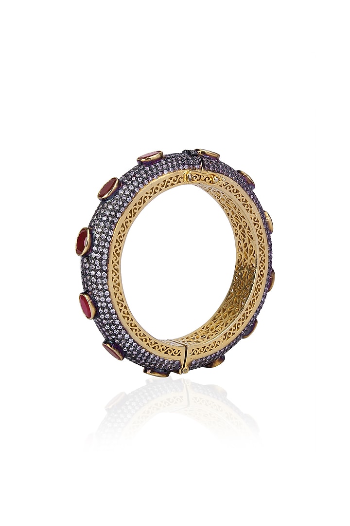 Oxidised Gold Finish Sapphires and Oval Rubies Bangle by Tanzila Rab
