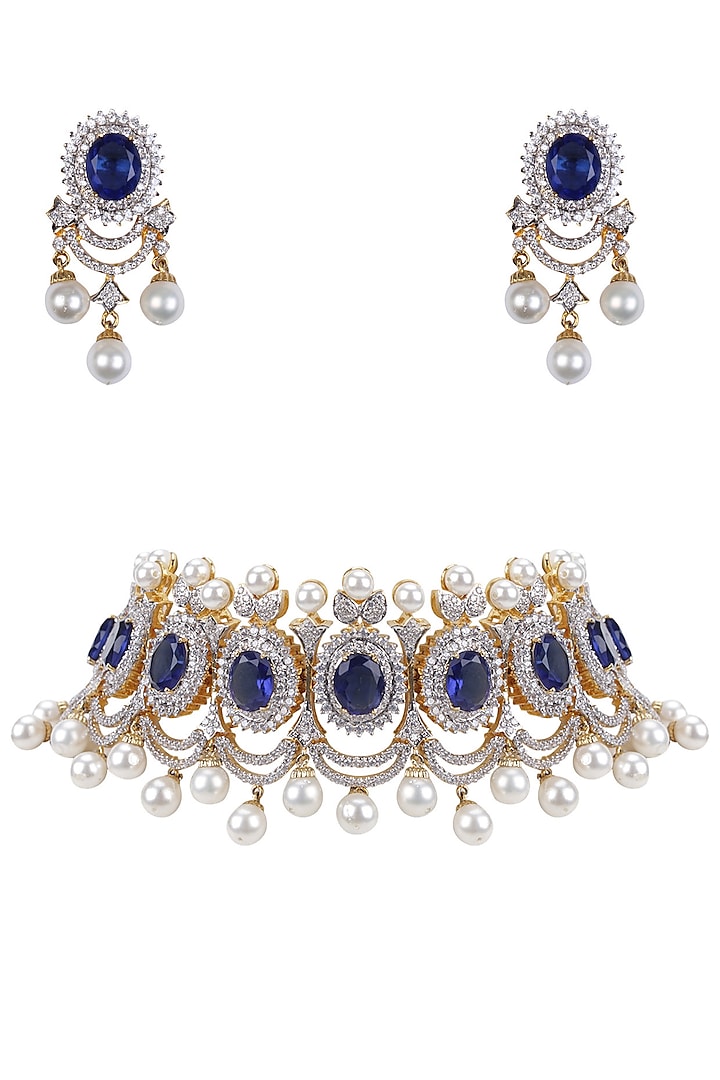 Gold Finish White and Blue Sapphire Neacklace and Earrings Set by Tanzila Rab