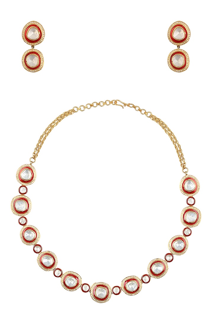 Gold Finish Sapphire and Polki Red Enamelled Necklace and Earrings Set by Tanzila Rab