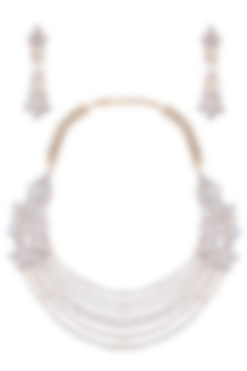 Rhodium and Gold Finish White Sapphire and Pearl String Necklace Set by Tanzila Rab