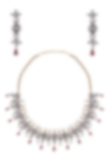 Oxidised Gold Finish White Sapphire and Tear Drop Rubies Necklace Set by Tanzila Rab