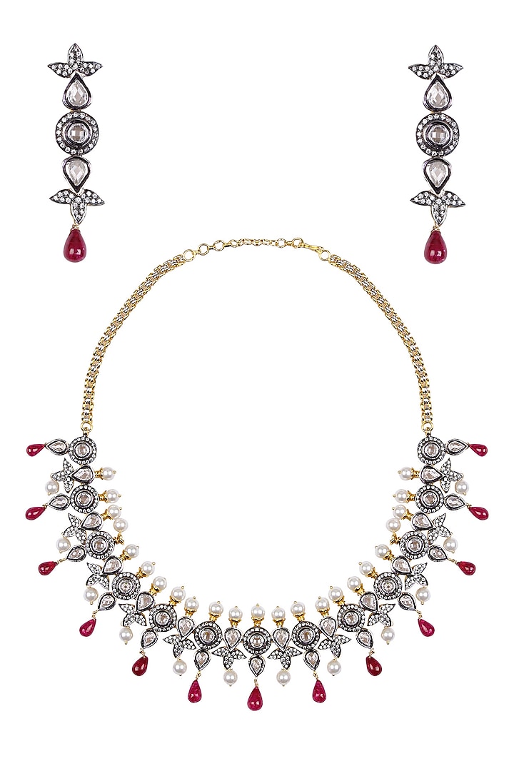 Oxidised Gold Finish White Sapphire and Tear Drop Rubies Necklace Set by Tanzila Rab