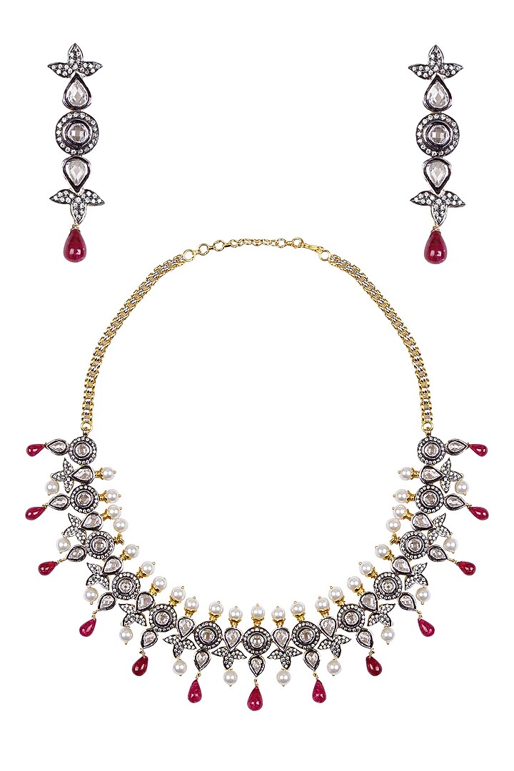 Tanzilla presents Oxidised gold finish white sapphire and tear drop rubies necklace set available only at Pernia's Pop Up Shop.