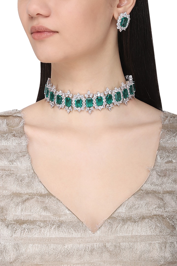 White Finish Sapphire & Emerald Adjustable Chocker Necklace Set by Tanzila Rab at Pernia's Pop Up Shop