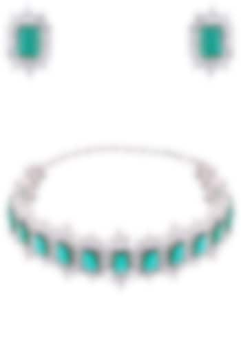 White Finish Sapphire & Emerald Adjustable Chocker Necklace Set by Tanzila Rab