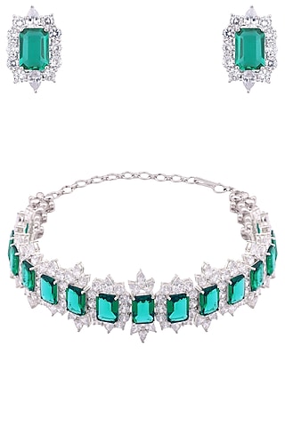White Finish Sapphire & Emerald Adjustable Chocker Necklace Set by Tanzila Rab