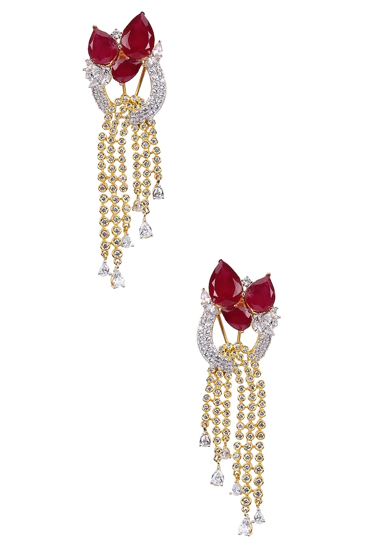 Tanzilla presents Gold finish ruby and white sapphire bow earrings available only at Pernia's Pop Up.