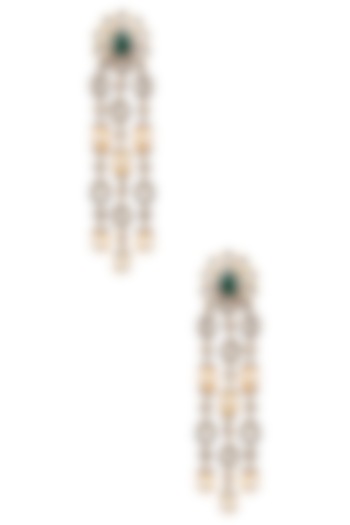 Tanzilla presents Gold finish white sapphire and emerald chandelier earrings available only at Pernia's Pop Up.
