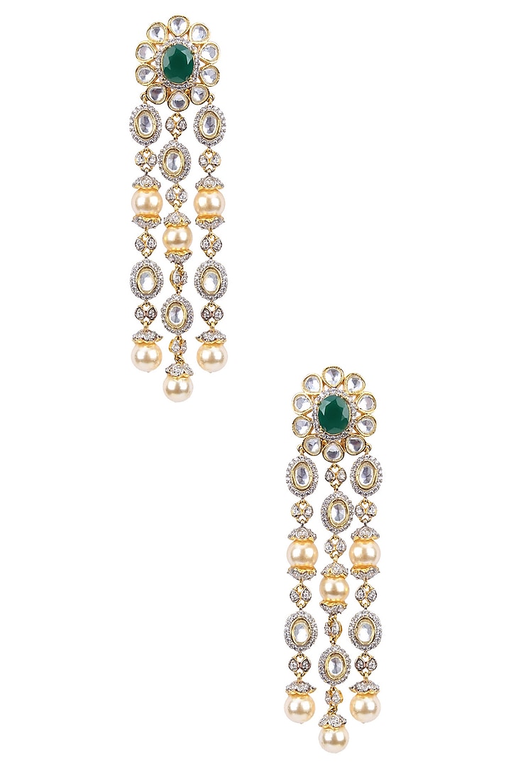 Gold Finish White Sapphire and Emerald Chandelier Earrings by Tanzila Rab