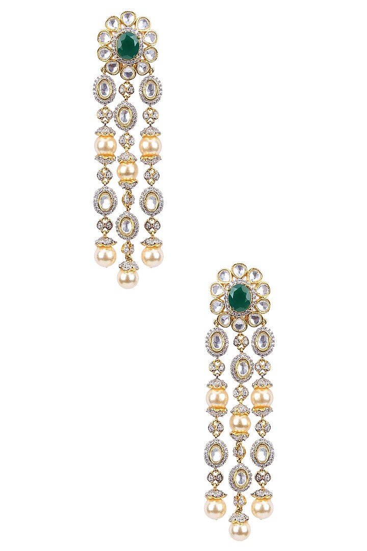 Tanzilla presents Gold finish white sapphire and emerald chandelier earrings available only at Pernia's Pop Up.