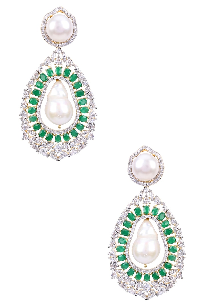 Dual Finish White Sapphire, Emerald and Barouque Pearl Earrings by Tanzila Rab