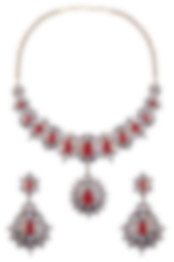 Rhodium Finish Ruby and White Sapphire Filigree Necklace Set by Tanzila Rab