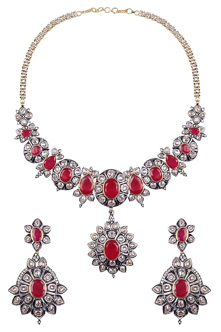 Rhodium Finish Ruby and White Sapphire Filigree Necklace Set by Tanzila Rab