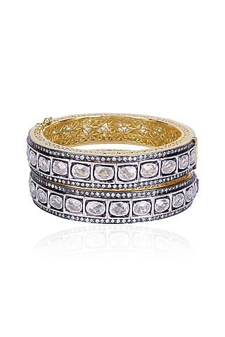 Set of Oxidised Silver Finish White Sapphire Filigree Openable Bangles by Tanzila Rab