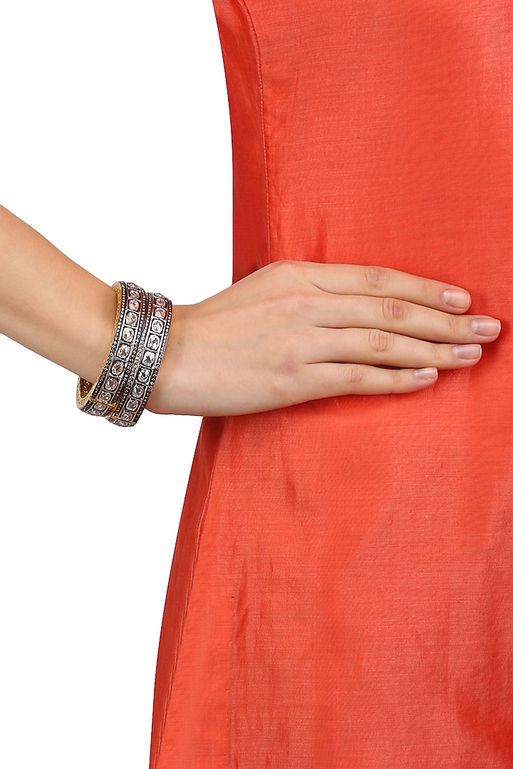 Tanzilla presents Set of Oxidised silver finish white sapphire filigree openable bangles available only at Pernia's Pop Up.