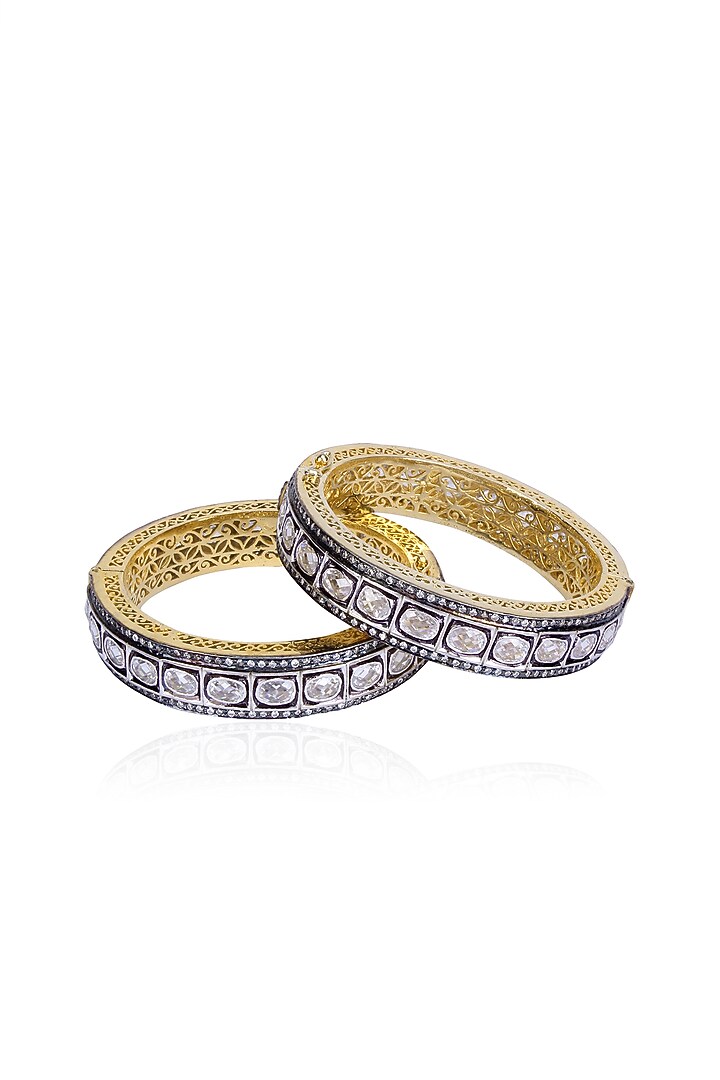 Tanzilla presents Set of Oxidised silver finish white sapphire filigree openable bangles available only at Pernia's Pop Up.