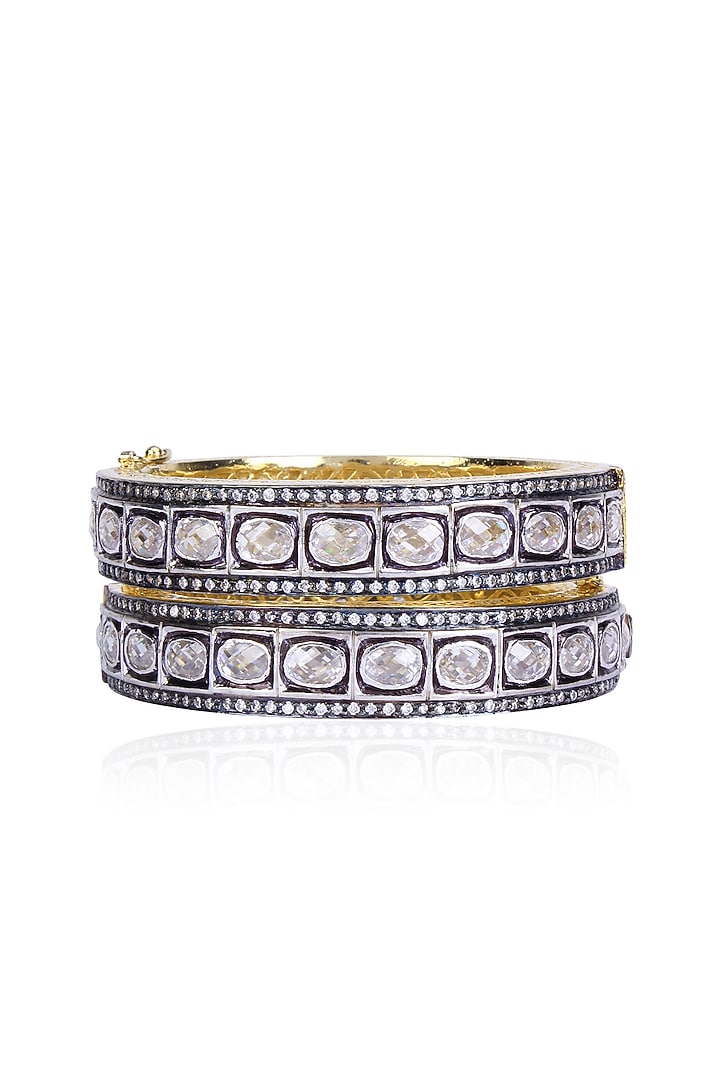 Tanzilla presents Set of Oxidised silver finish white sapphire filigree openable bangles available only at Pernia's Pop Up.