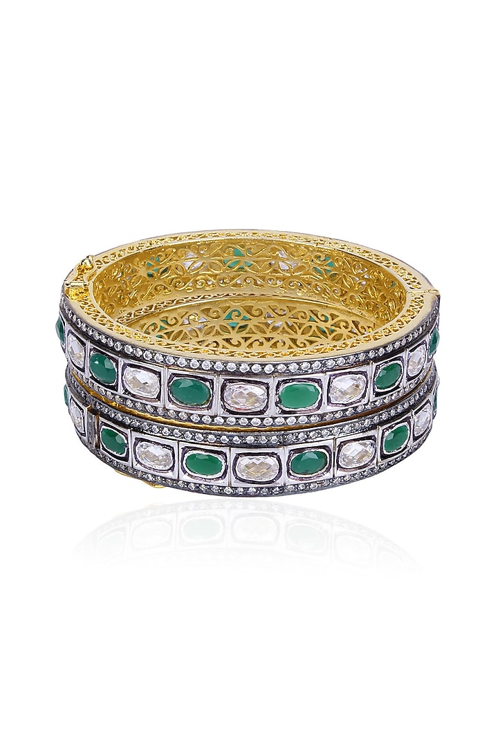 Set of Rhodium Finish Emerald and White Sapphire Bangles by Tanzila Rab