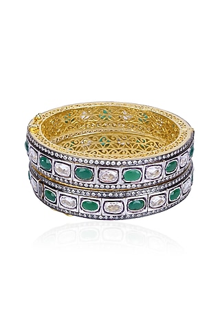 Set of Rhodium Finish Emerald and White Sapphire Bangles by Tanzila Rab
